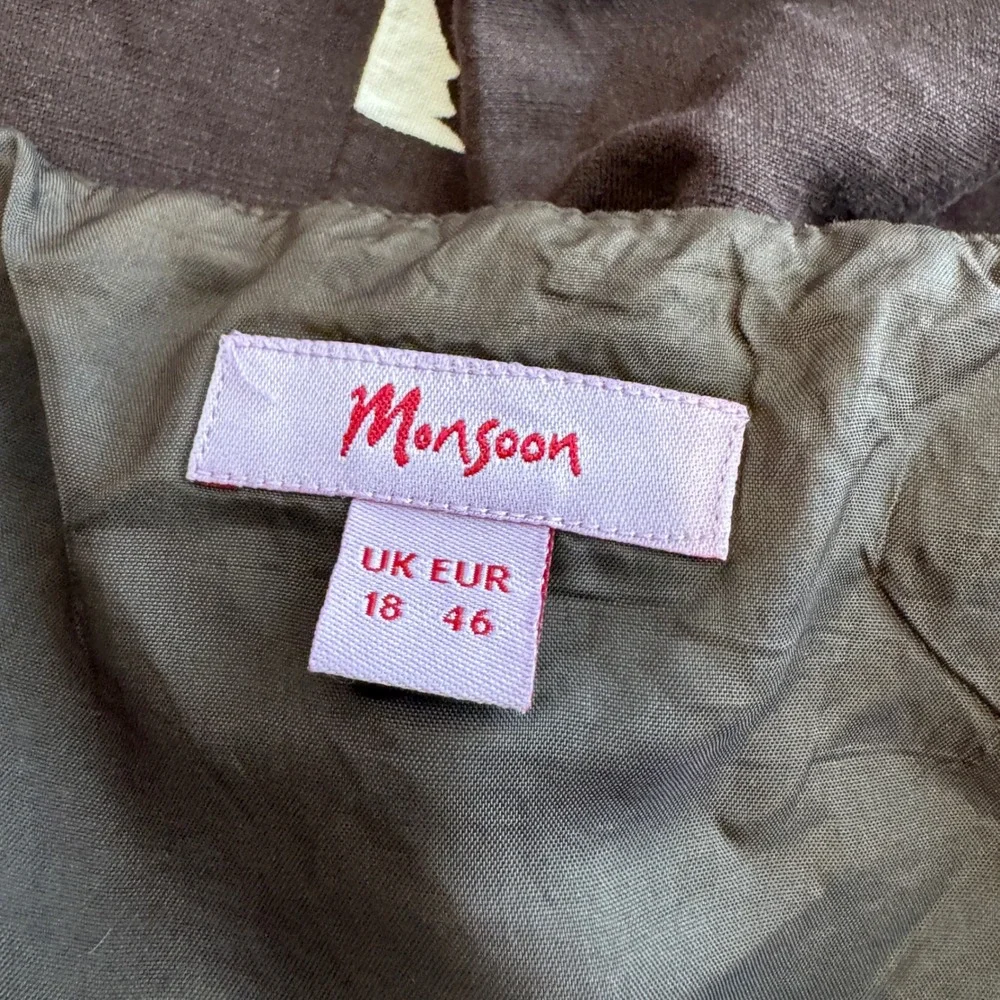 Monsoon Tropical Floral‎ Linen Blend Midi Dress Square Neck Brown Vacation 14